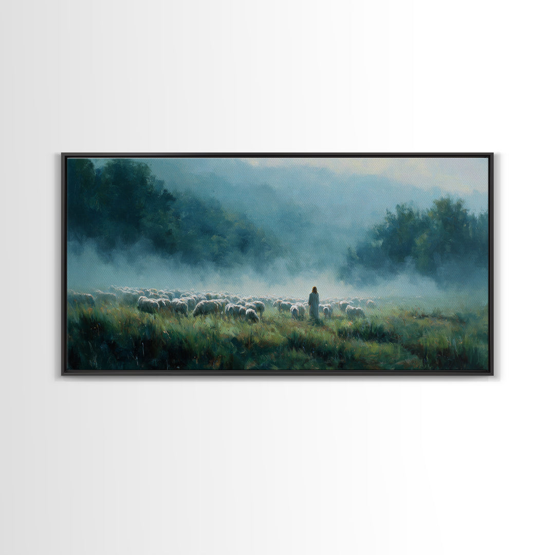 Morning Pasture Calm – Framed Canvas Print – Christian Art – Christian Wall Art – Christian Art Canvas – Jesus Painting – Christmas Art