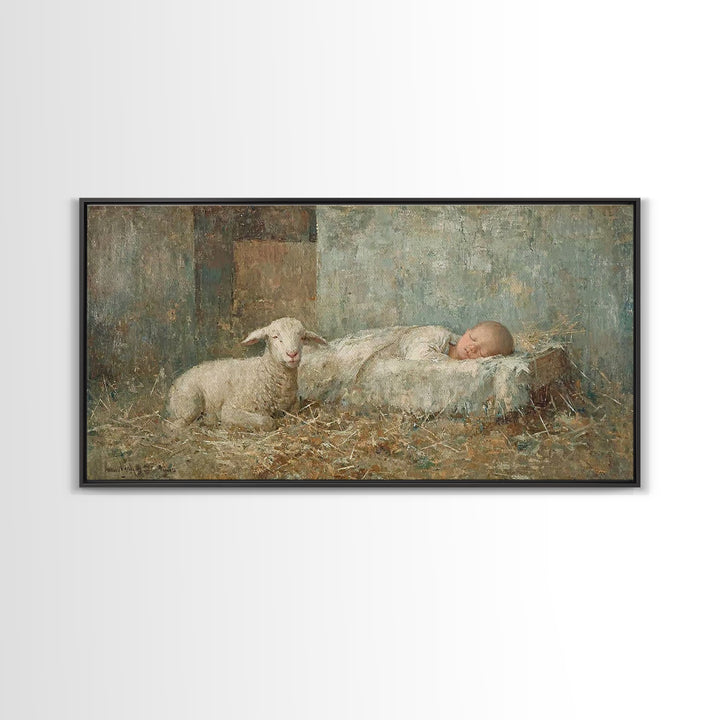 Gentle Manger – Framed Canvas Print – Christian Paintings – Christmas Wall Art – Christian Christmas Art – Christian Art Canvas – Jesus Art