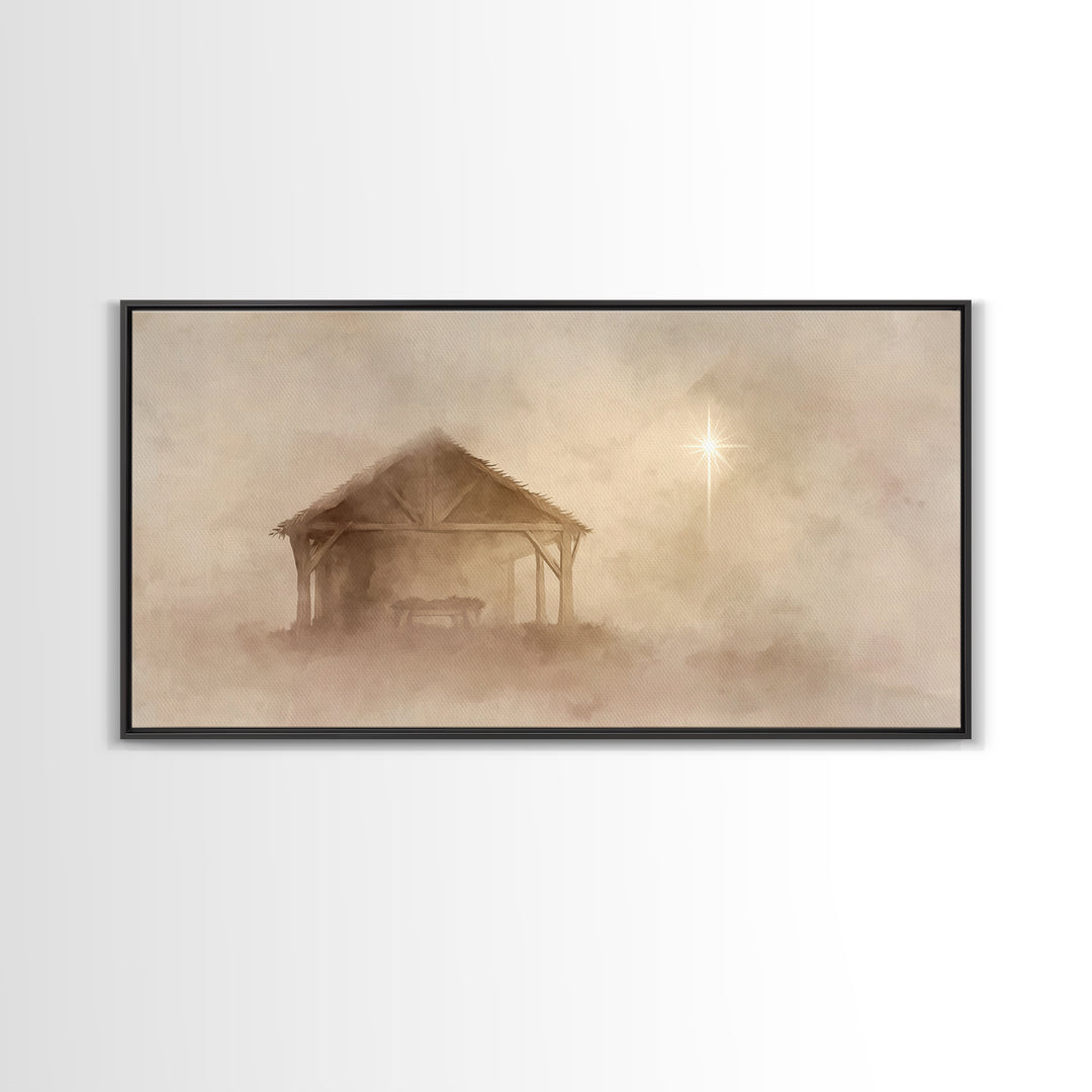 Starlit Stable – Framed Canvas Print – Christian Christmas Art – Christmas Canvas Wall Art – Christian Wall Art – Christian Art Print – Chr