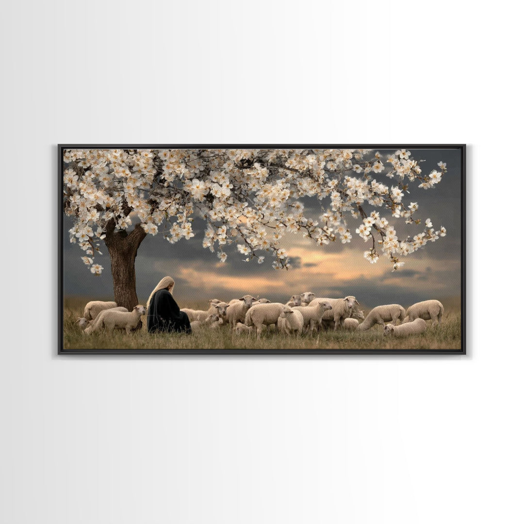 Gentle Twilight Shepherd, Framed Canvas Print, Christian Wall Art, Jesus Painting, Christmas Art, Christian Art Canvas