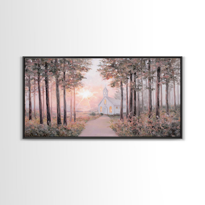 Sunlit Chapel Path, Framed Canvas Print, Christian Art Canvas, Christian Wall Art, Christian Art, Christian Painting, Christian Gift Ideas