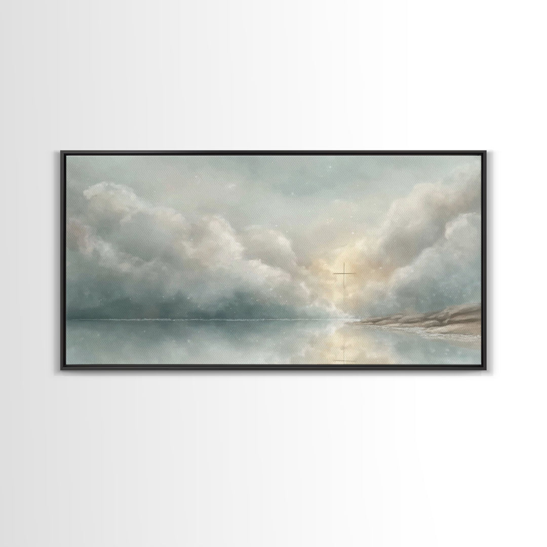 Cross In The Mist – Framed Canvas Print – Christian Wall Art – Jesus Painting – Moody Christmas Art – Christian Gift Ideas – Christian Art