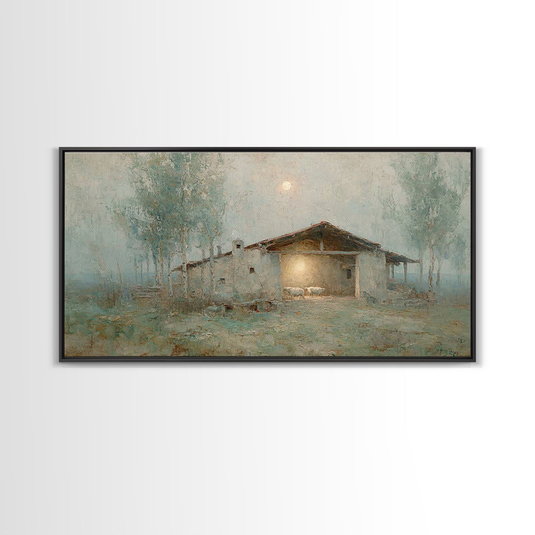 Midnight Stable – Framed Canvas Print – Christian Wall Art – Christian Decor – Christian Art Canvas – Christian Christmas Art – Christmas A