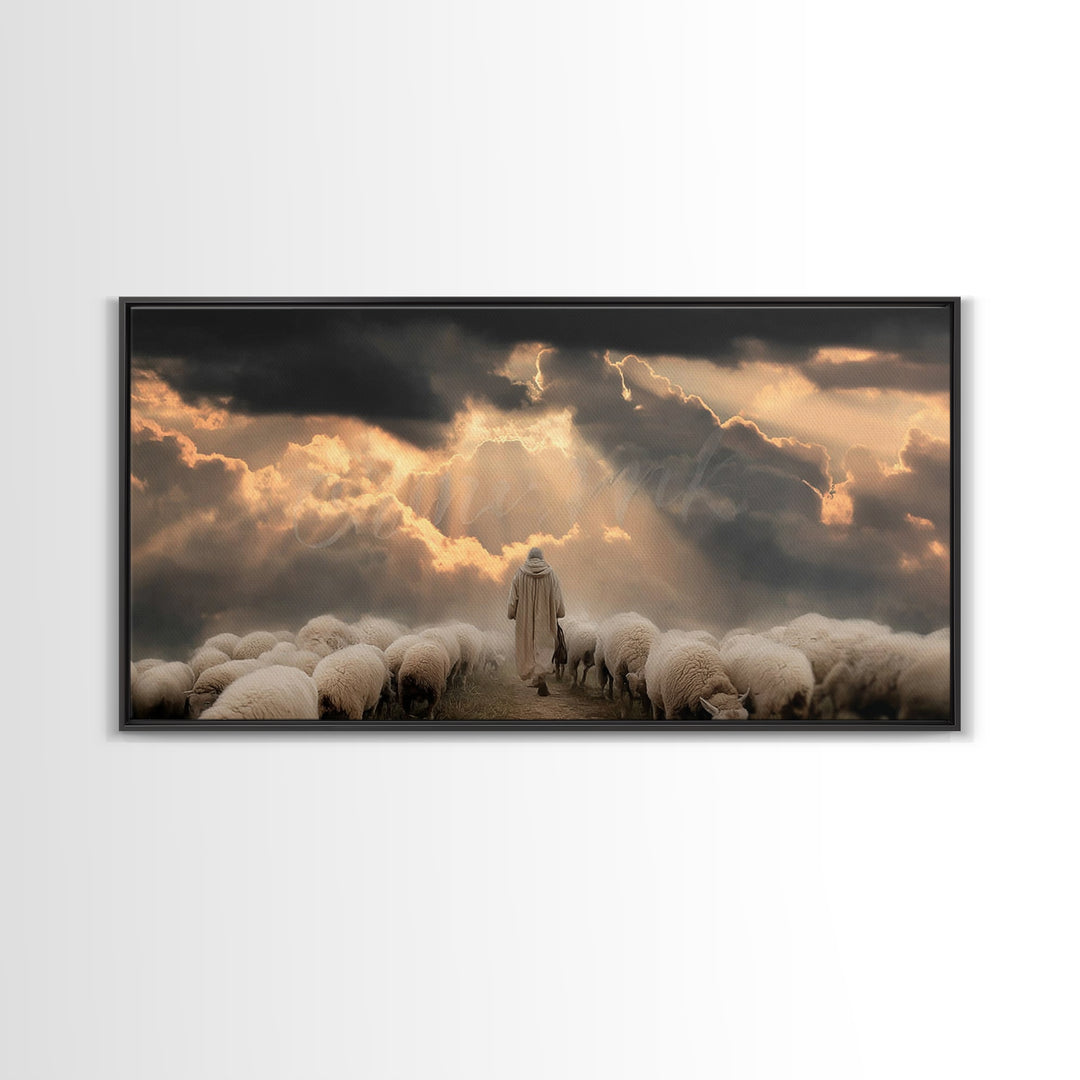 Heavenly Shepherd Light – Framed Canvas Print – Christian Wall Art – Christian Christmas Art – Jesus Painting – Christmas Canvas Wall Art –