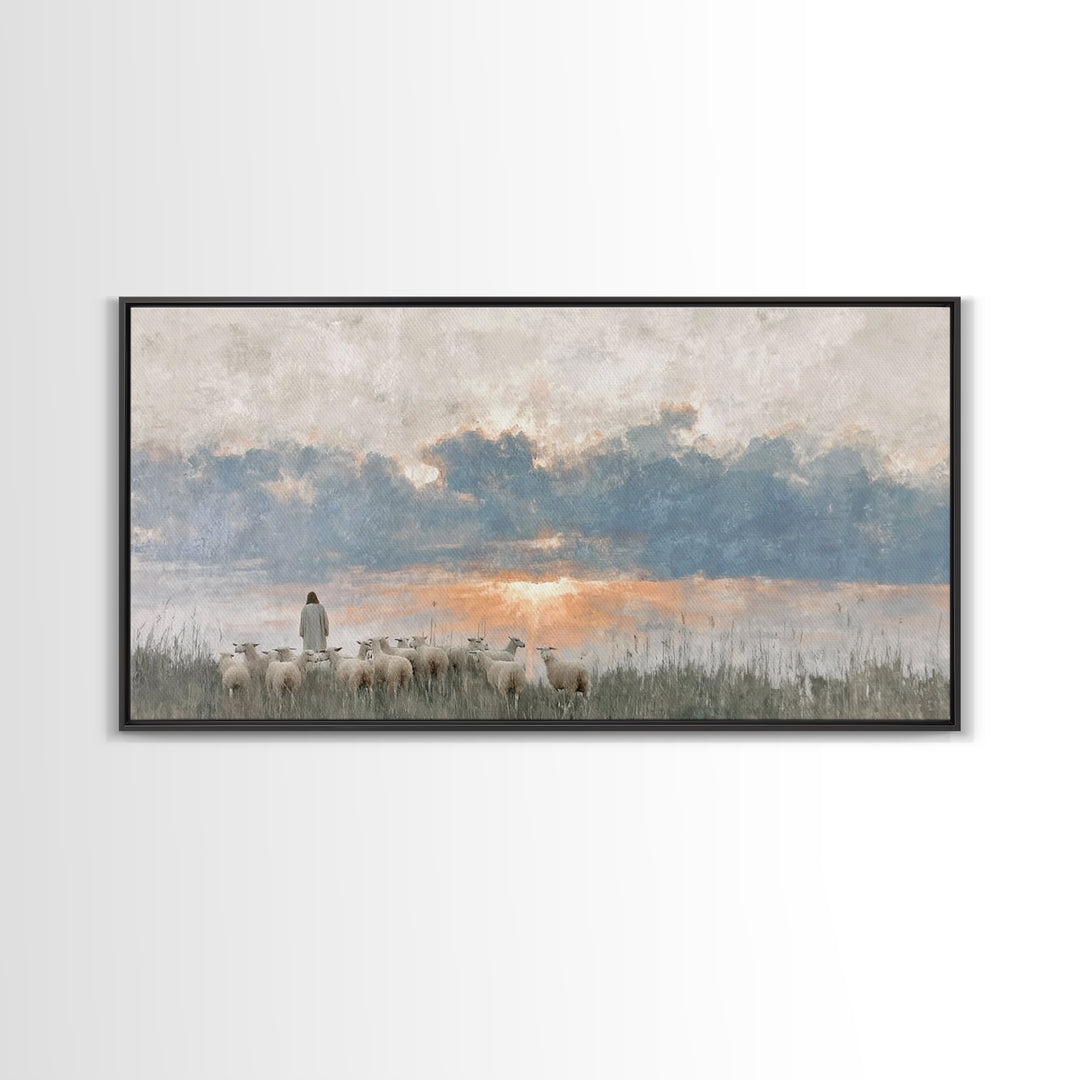 Dawn Of The Flock – Framed Canvas Print – Vintage Christian Art – Christian Wall Art – Christian Art Canvas – Jesus Painting – Christian Ch