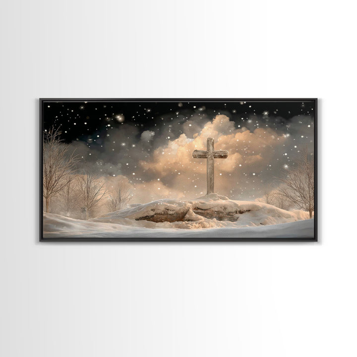 Midnight Bethlehem Glow – Framed Canvas Print – Christian Christmas Art – Christian Wall Art – Christian Art Canvas – Christmas Wall Art –
