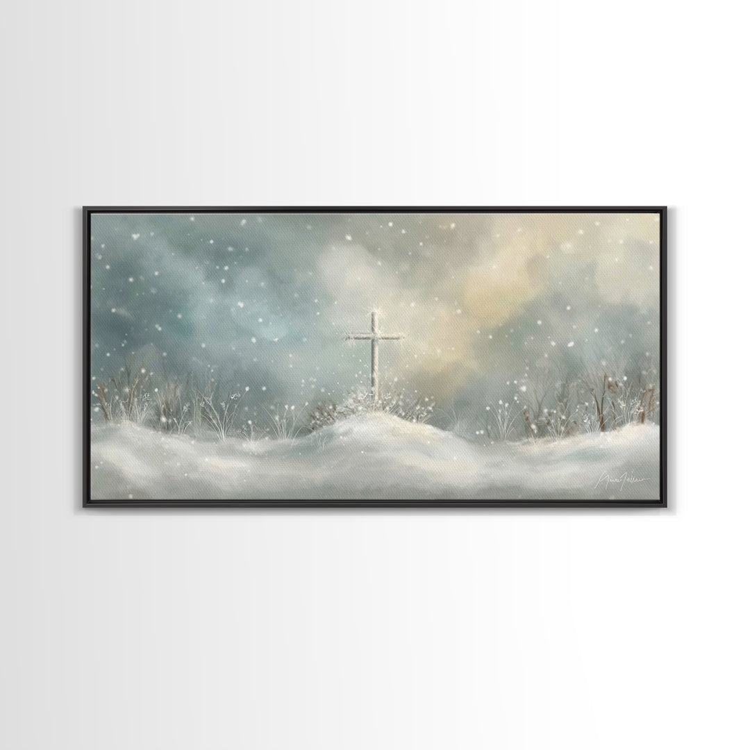 Frosted Cross Light – Framed Canvas Print – Christian Art Canvas – Minimalist Christian Art – Christian Wall Art – Subtle Christian Art – C