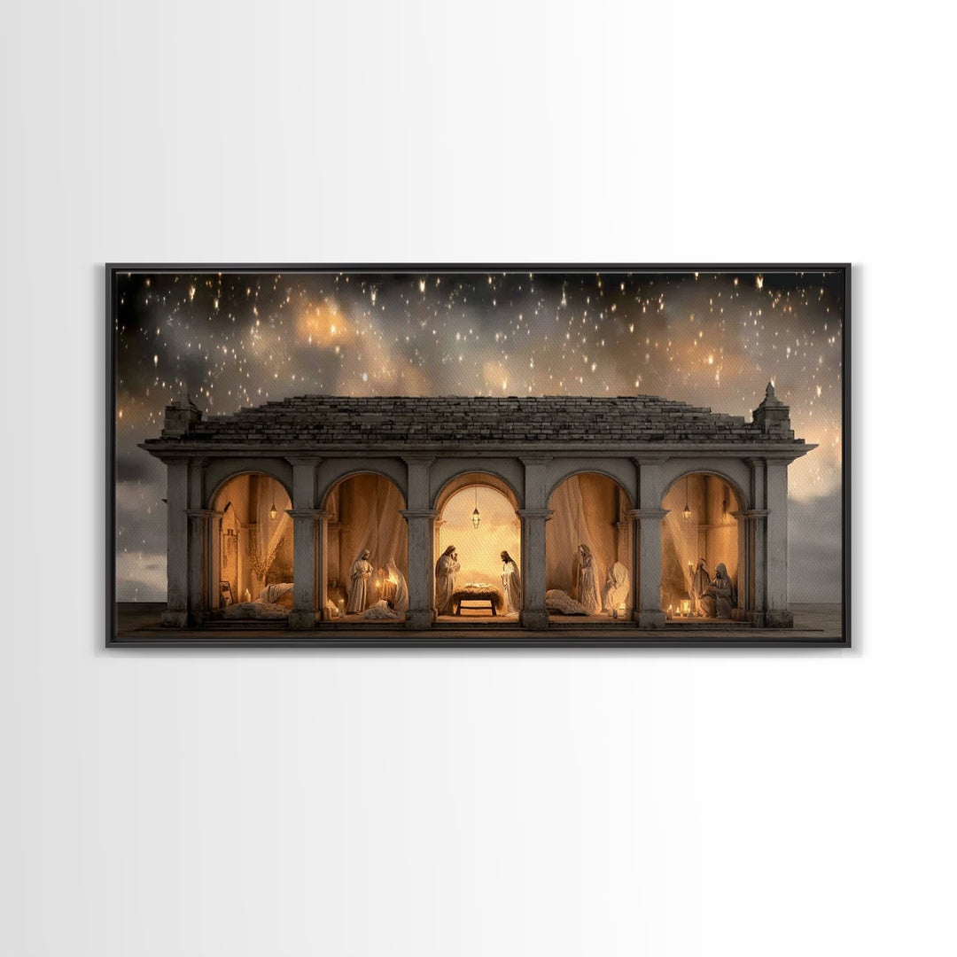 Holy Night Shelter – Framed Canvas Print – Christian Wall Art – Christian Art Canvas – Jesus Christmas Art – Christian Christmas Decor – Ch