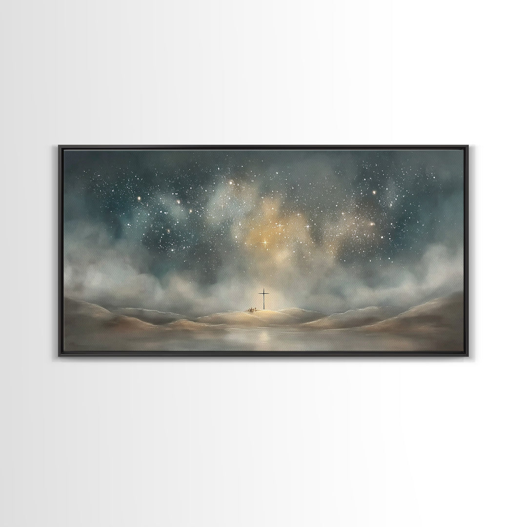 Starlit Crossland – Framed Canvas Print – Christian Art Canvas – Christian Wall Art – Modern Christian Art – Christmas Art – Christian Gift