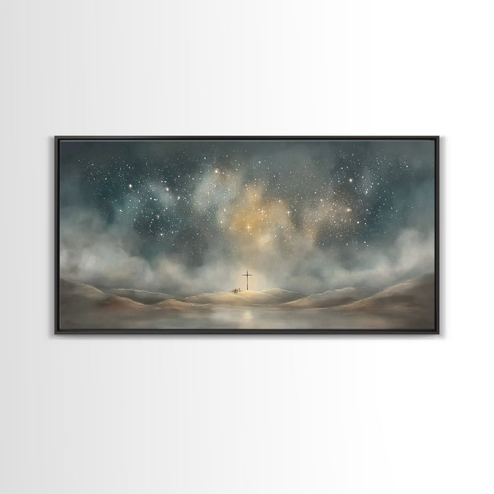 Starlit Crossland – Framed Canvas Print – Christian Art Canvas – Christian Wall Art – Modern Christian Art – Christmas Art – Christian Gift
