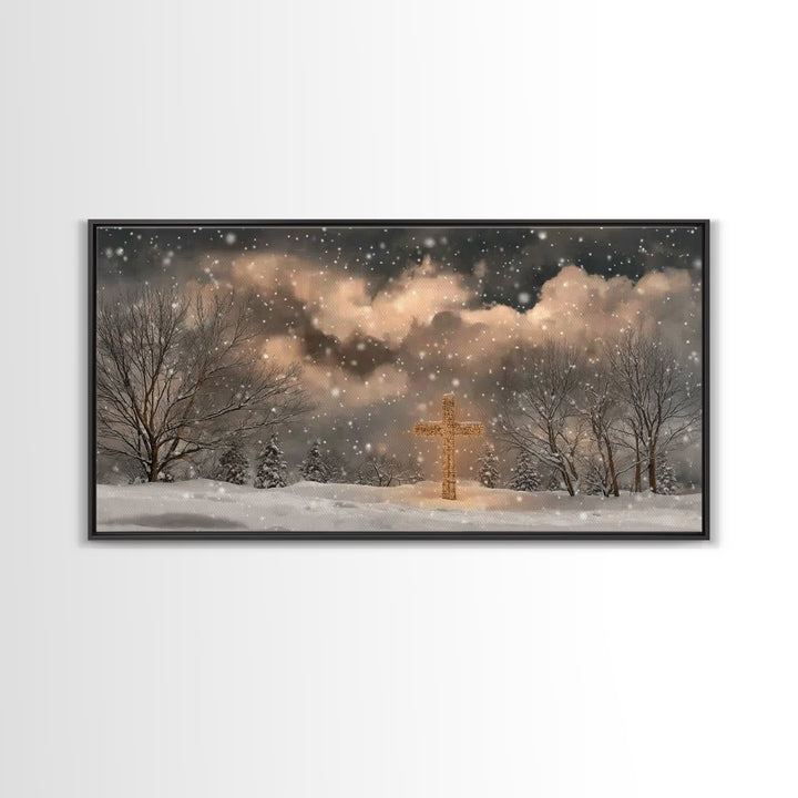 Snowbound Grace – Framed Canvas Print – Christmas Wall Art – Christian Art Canvas – Moody Christmas Art – Christian Painting