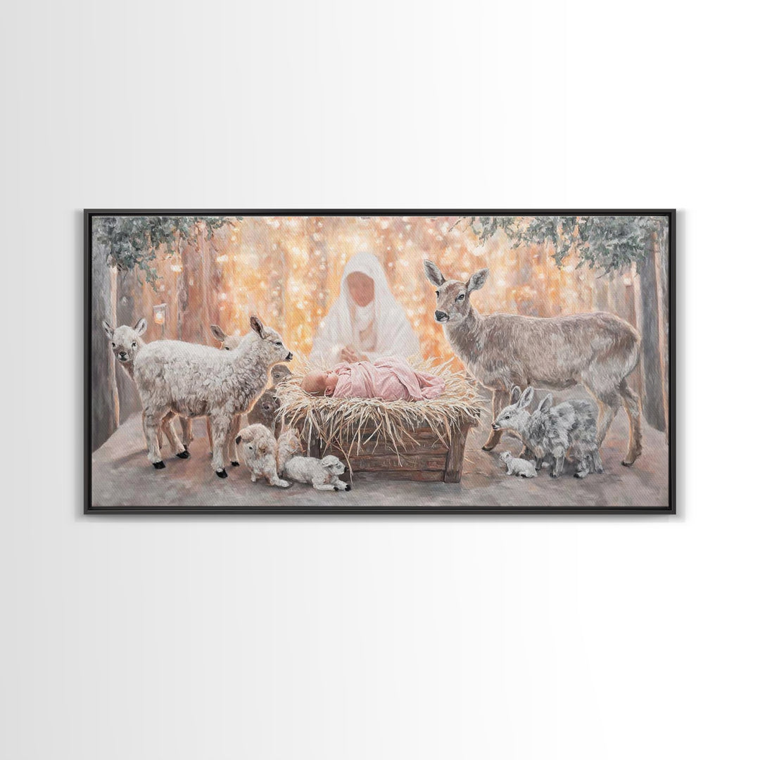 Forest Nativity Glow – Framed Canvas Print – Christian Wall Art – Christian Art Canvas – Christmas Art – Jesus Painting – Christian Art