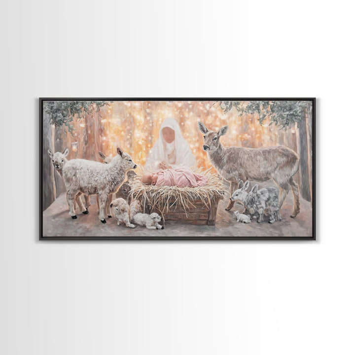 Forest Nativity Glow – Framed Canvas Print – Christian Wall Art – Christian Art Canvas – Christmas Art – Jesus Painting – Christian Art
