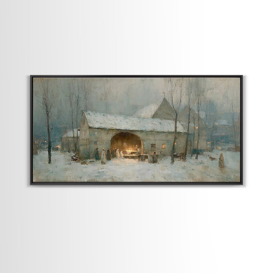 Snowbound Gathering Light | Framed Canvas Print | Christmas Art | Christian Wall Art | Vintage Christmas Art | Christian Art Canvas | Chris