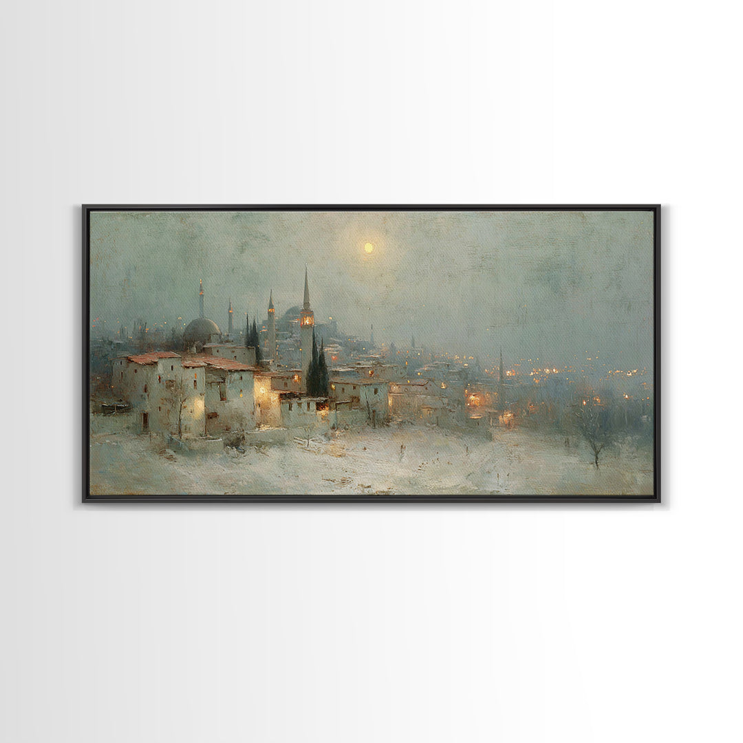 Winter Holy Town | Framed Canvas Print | Christmas Wall Art | Christian Art Canvas | Moody Christmas Art | Christian Art Print | Vintage Ch