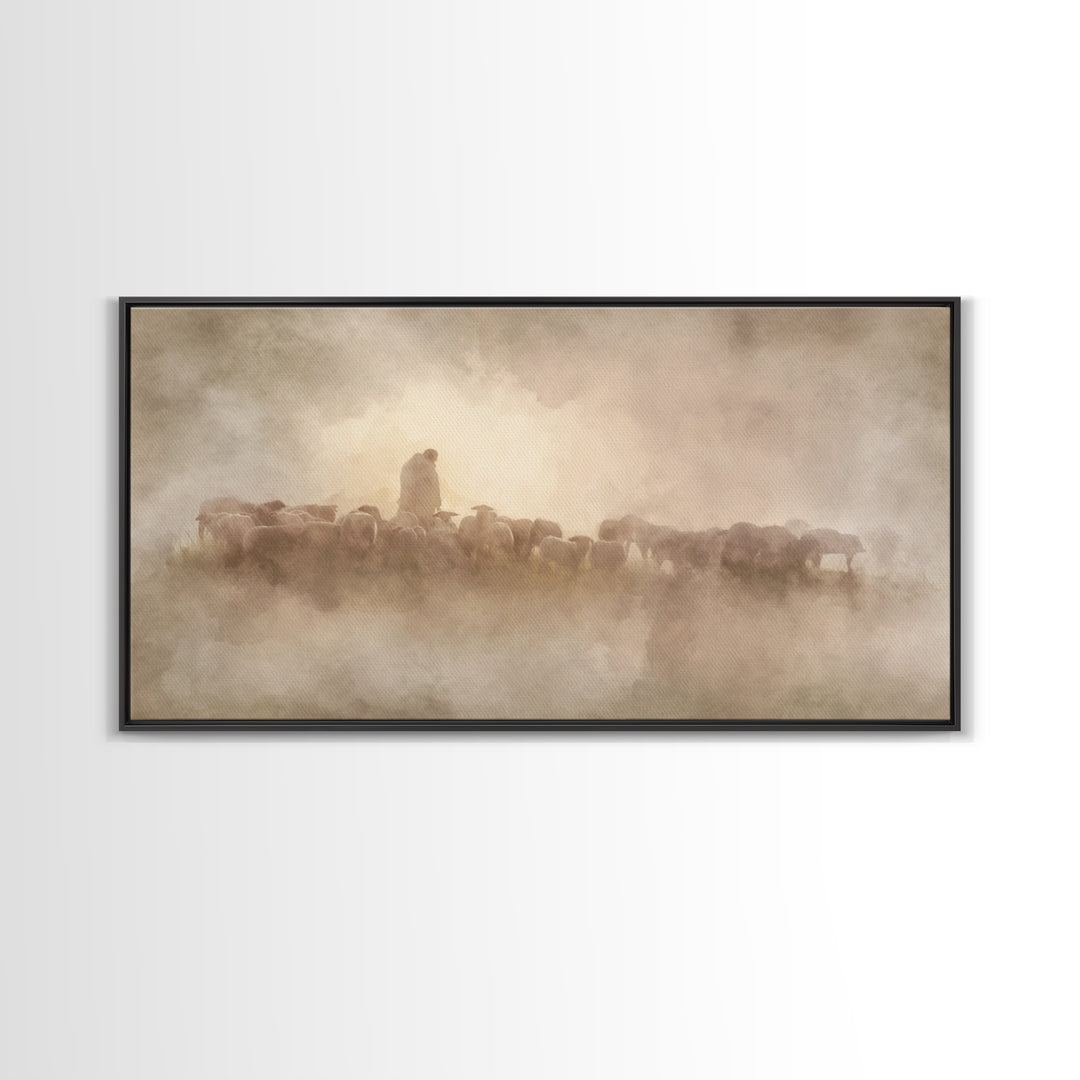 Shepherds Of Dawn - Framed Canvas Print - Christian Wall Art - Christian Art Canvas - Jesus Painting - Pastoral Scenery - Christian Gift
