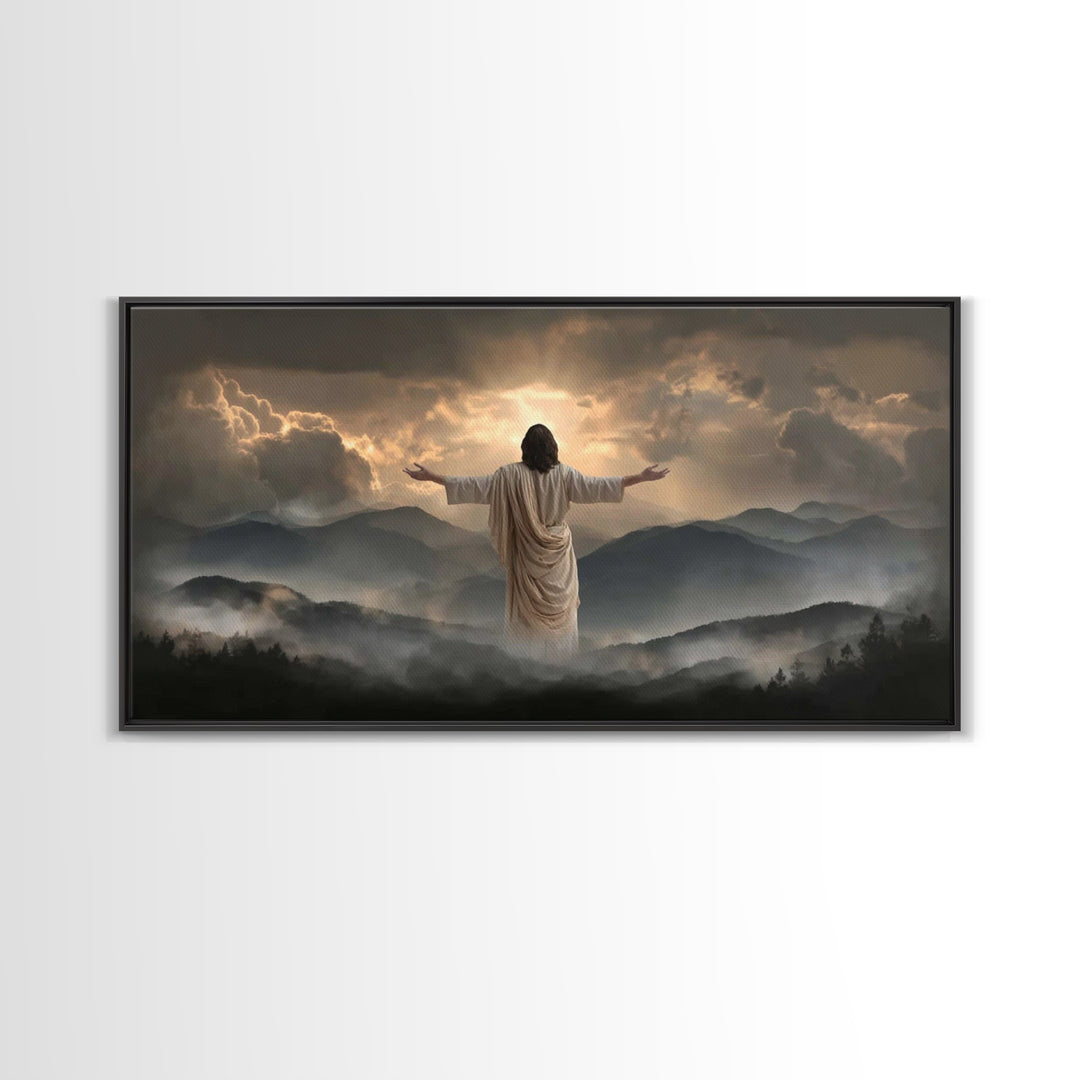 Mountain Glory Light - Framed Canvas Print - Christian Art Canvas - Christian Wall Art - Jesus Painting - Christian Gift - Christmas Art
