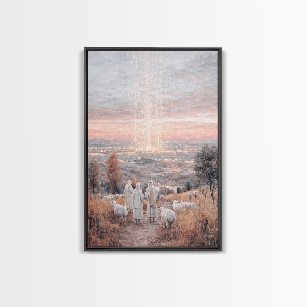 Starry Shepherds – Framed Canvas Print – Christian Christmas Art – Christian Wall Art – Vintage Christmas Art – Christmas Canvas Wall Art –