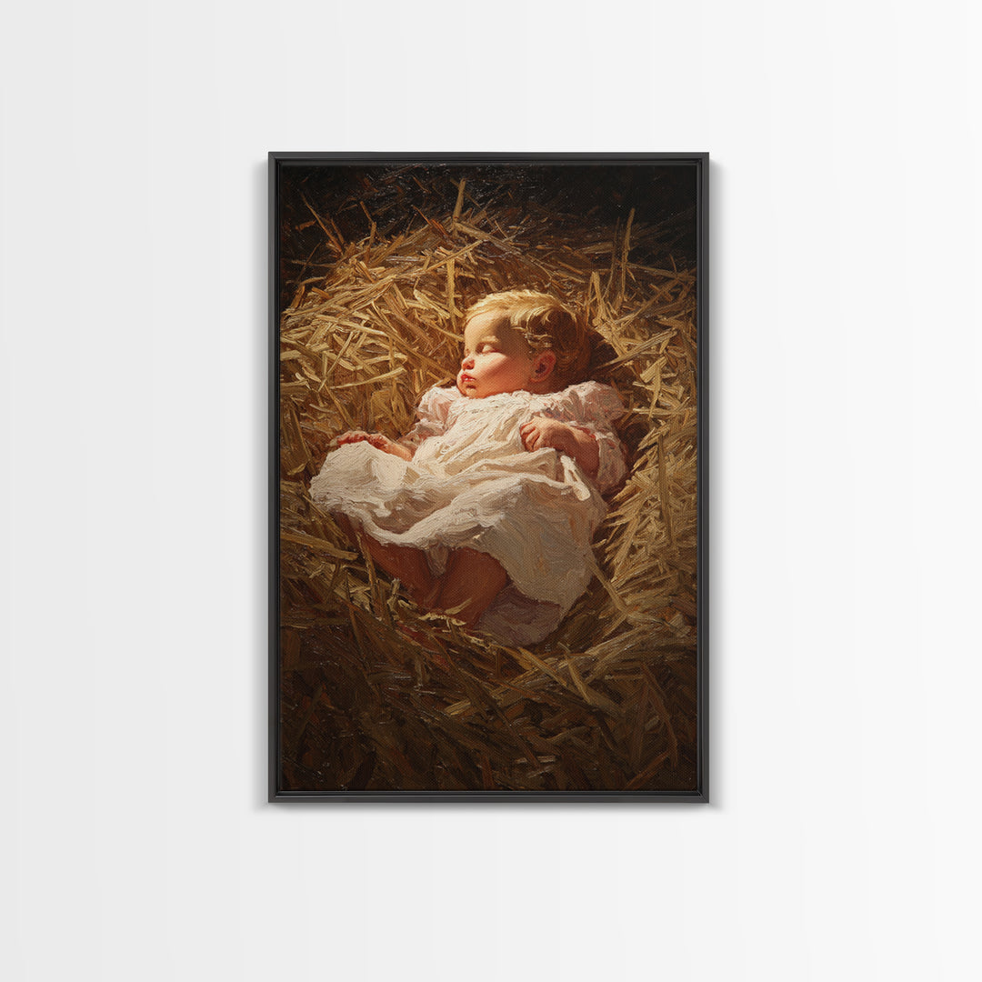 Silent Straw Light, Framed Canvas Print, Christian Art Canvas, Christmas Wall Art, Jesus Painting Canvas, Christian Christmas Art, Christia