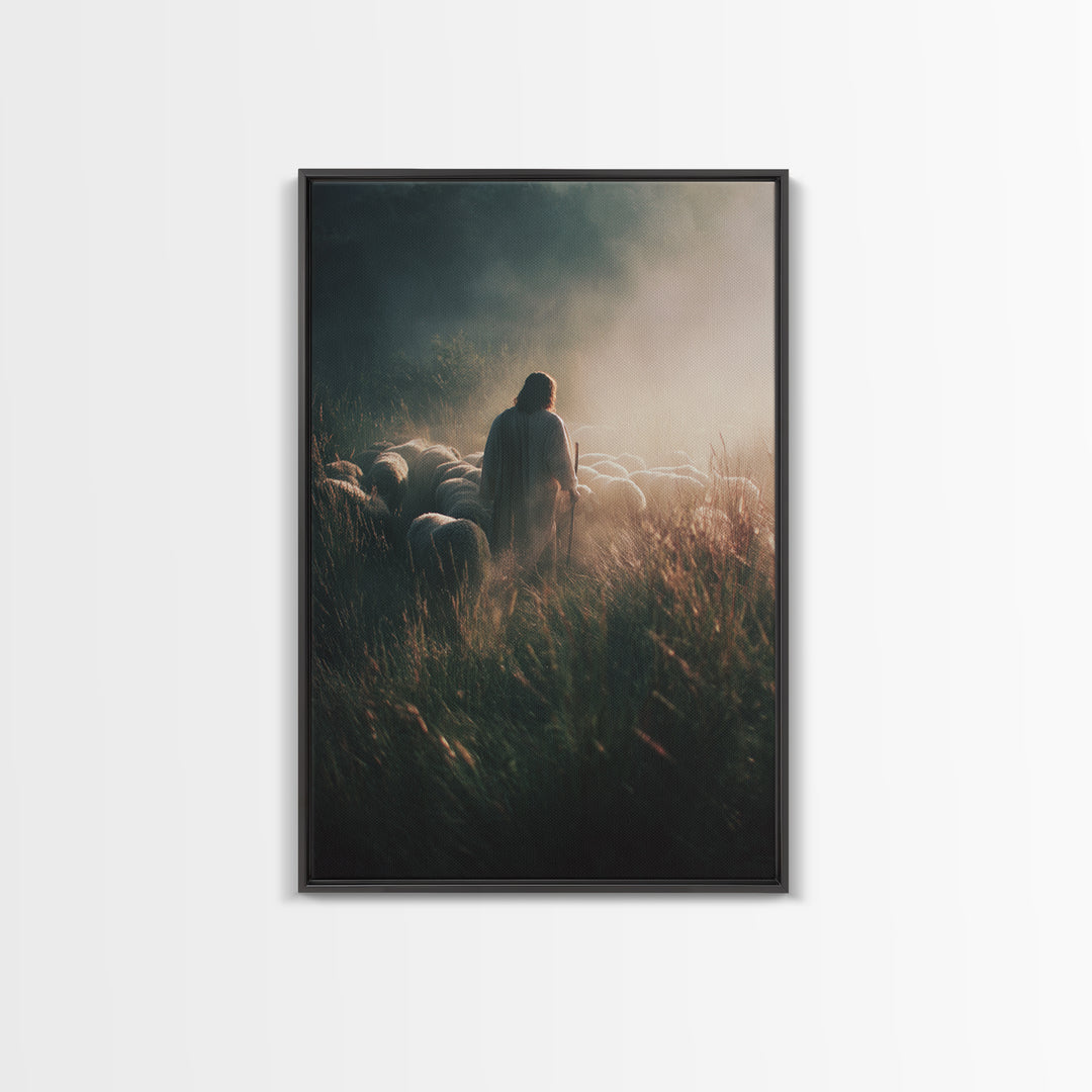 Morning Flock Peace | Framed Canvas Print | Jesus Painting | Christian Christmas Art | Christian Art Canvas | Moody Christian Art | Christi