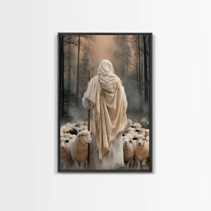 Guardian Of The Flock – Framed Canvas Print – Jesus Painting – Christian Wall Art – Large Jesus Painting – Christian Art Canvas – Christian