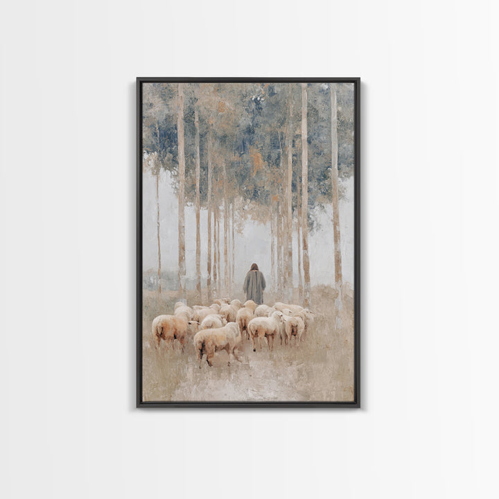 Woodland Shepherd Light – Framed Canvas Print – Christian Art Canvas – Christian Wall Art – Modern Christian Painting – Pastoral Scenery –