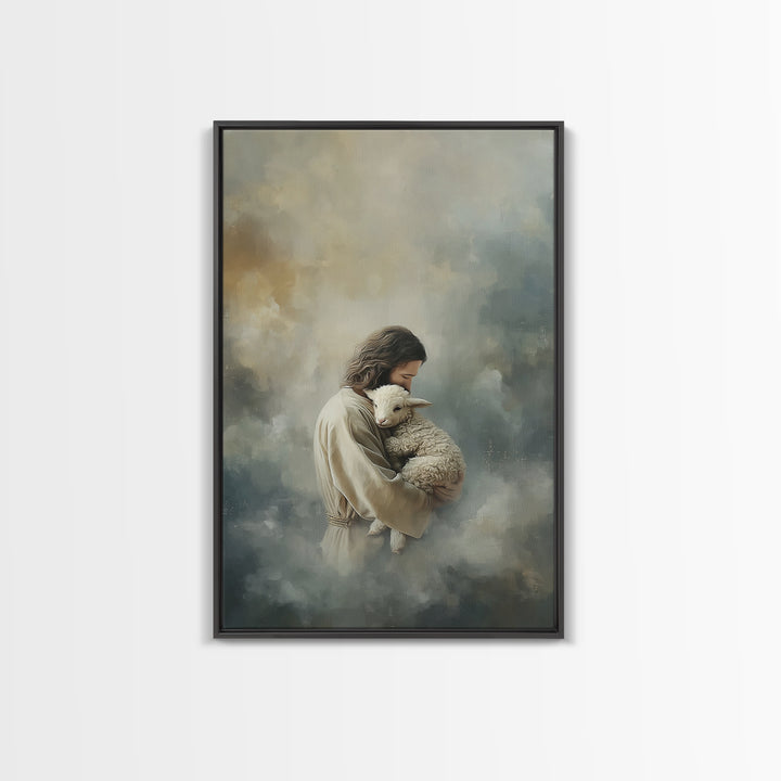 Arms Of The Shepherd – Framed Canvas Print – Jesus Painting – Christian Art Canvas – Christian Wall Art – Christian Christmas Art – Subtle