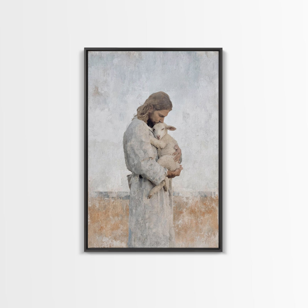 Heavenly Lamb Embrace – Framed Canvas Print – Christian Art Canvas – Jesus Painting – Christian Wall Art – Large Christian Art – Christian