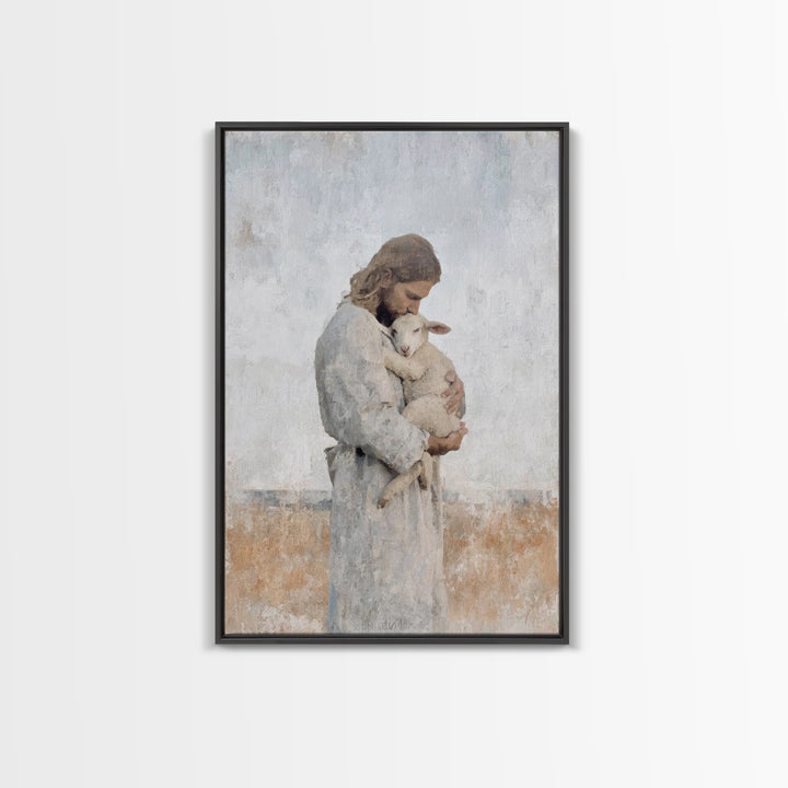 Heavenly Lamb Embrace – Framed Canvas Print – Christian Art Canvas – Jesus Painting – Christian Wall Art – Large Christian Art – Christian