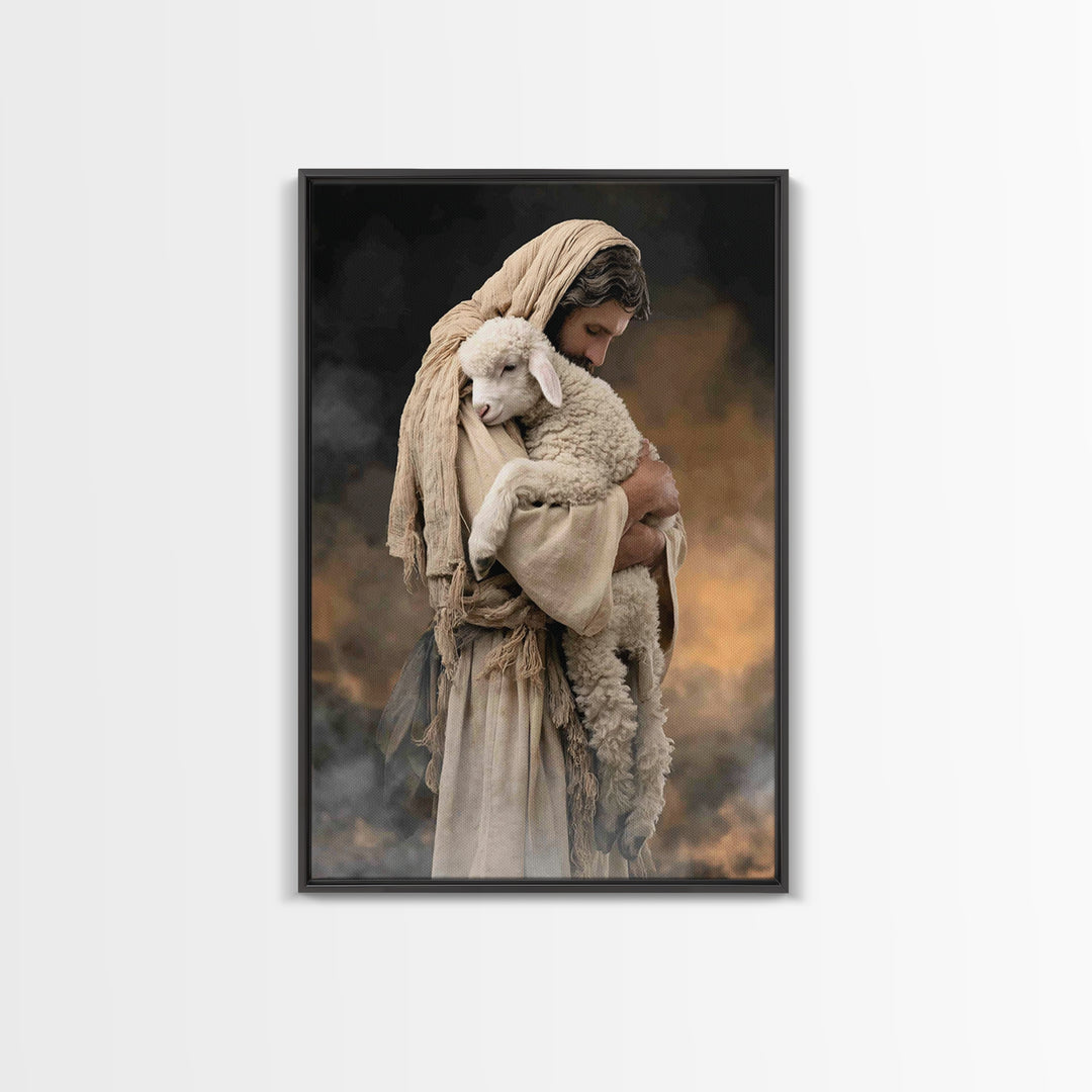 Tender Lamb Embrace, Framed Canvas Print, Jesus Painting, Christian Art Print, Christian Wall Art, Large Christian Painting, Christian Deco
