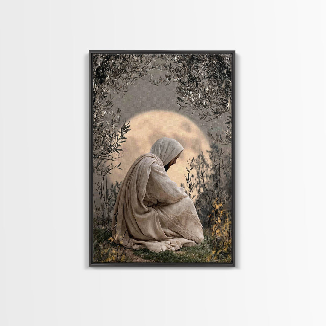 Moonlit Devotion, Framed Canvas Print, Christian Wall Art, Jesus Painting, Moody Christian Art, Christian Art Canvas, Christian Decoration