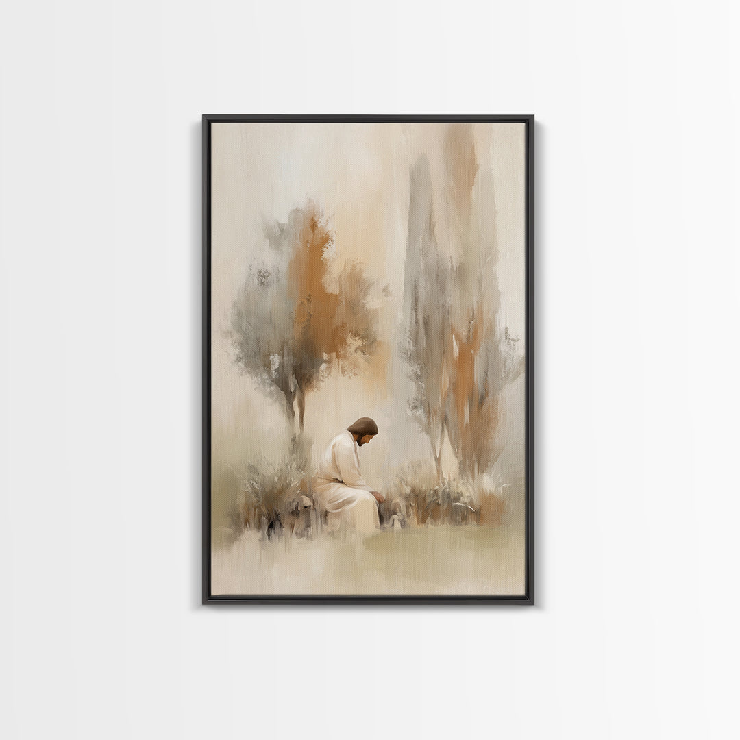 Stillness And Grace, Framed Canvas Print, Minimalist Christian Art, Christian Wall Art, Jesus Painting, Christian Art Print, Unique Christi
