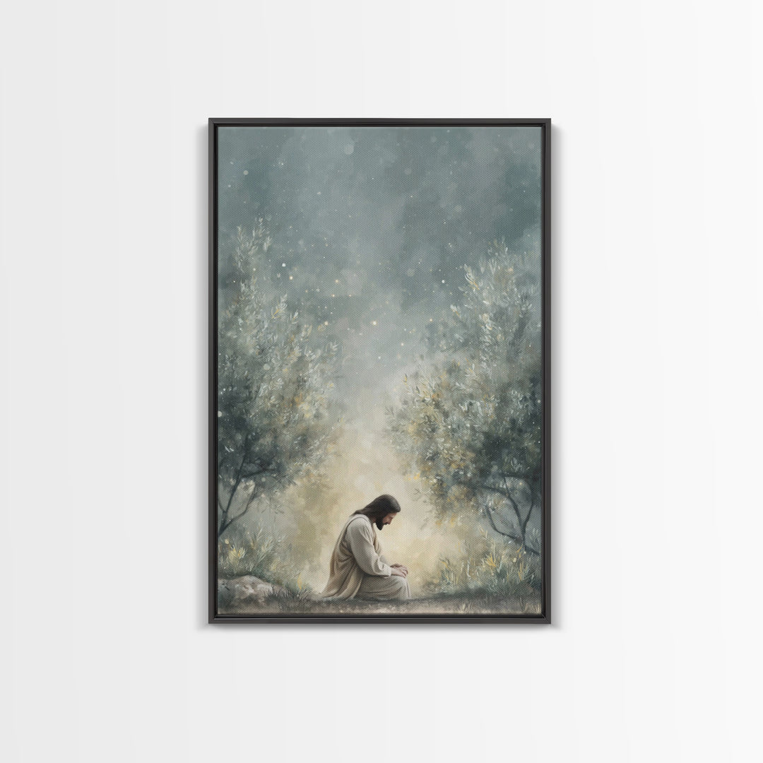 Olive Grove Reverence, Framed Canvas Print, Christian Art Canvas, Subtle Christian Art, Christian Wall Art, Jesus Painting, Christian Gift