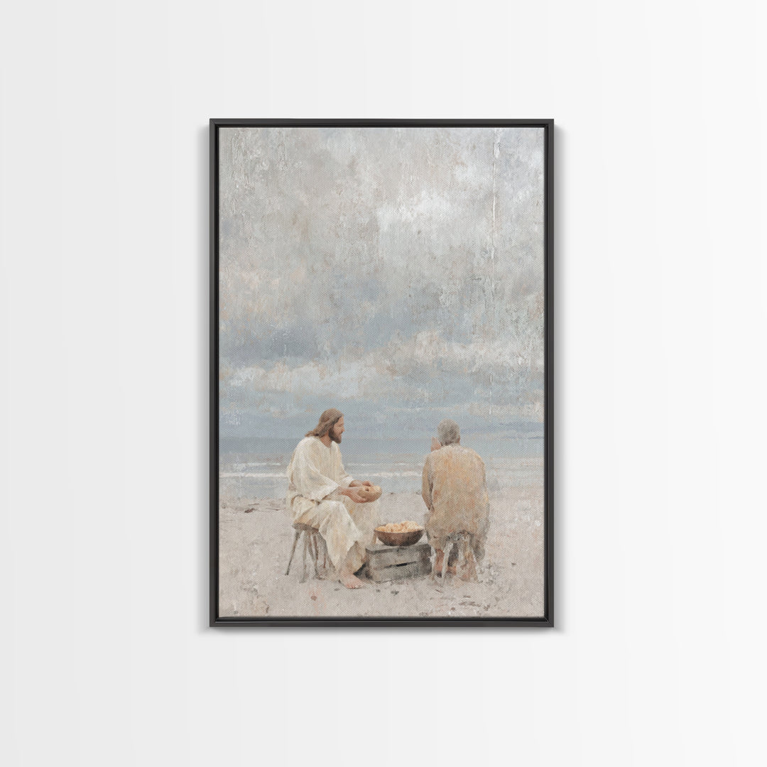 Shoreline Quiet Bread, Framed Canvas Print, Jesus Painting, Christian Wall Art, Christian Art Canvas, Christian Decor, Minimalist Christian