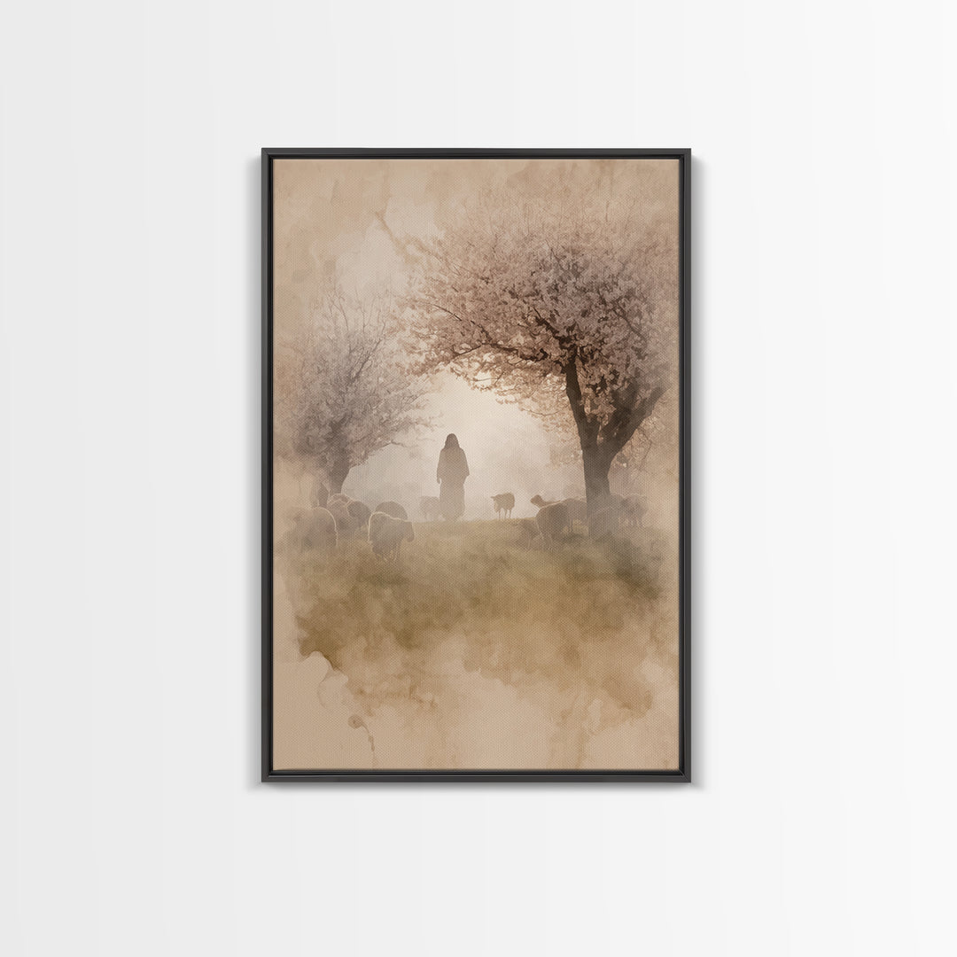 Dawn Shepherd Silhouette | Framed Canvas Print | Christian Wall Art | Christian Art Canvas | Jesus Painting | Subtle Christian Art | Christ