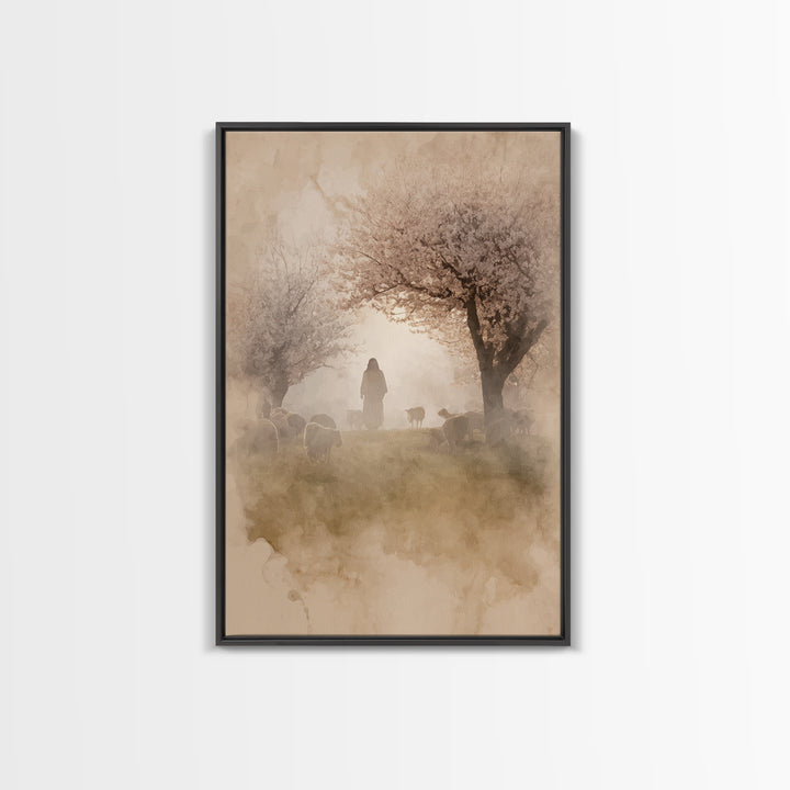 Dawn Shepherd Silhouette | Framed Canvas Print | Christian Wall Art | Christian Art Canvas | Jesus Painting | Subtle Christian Art | Christ
