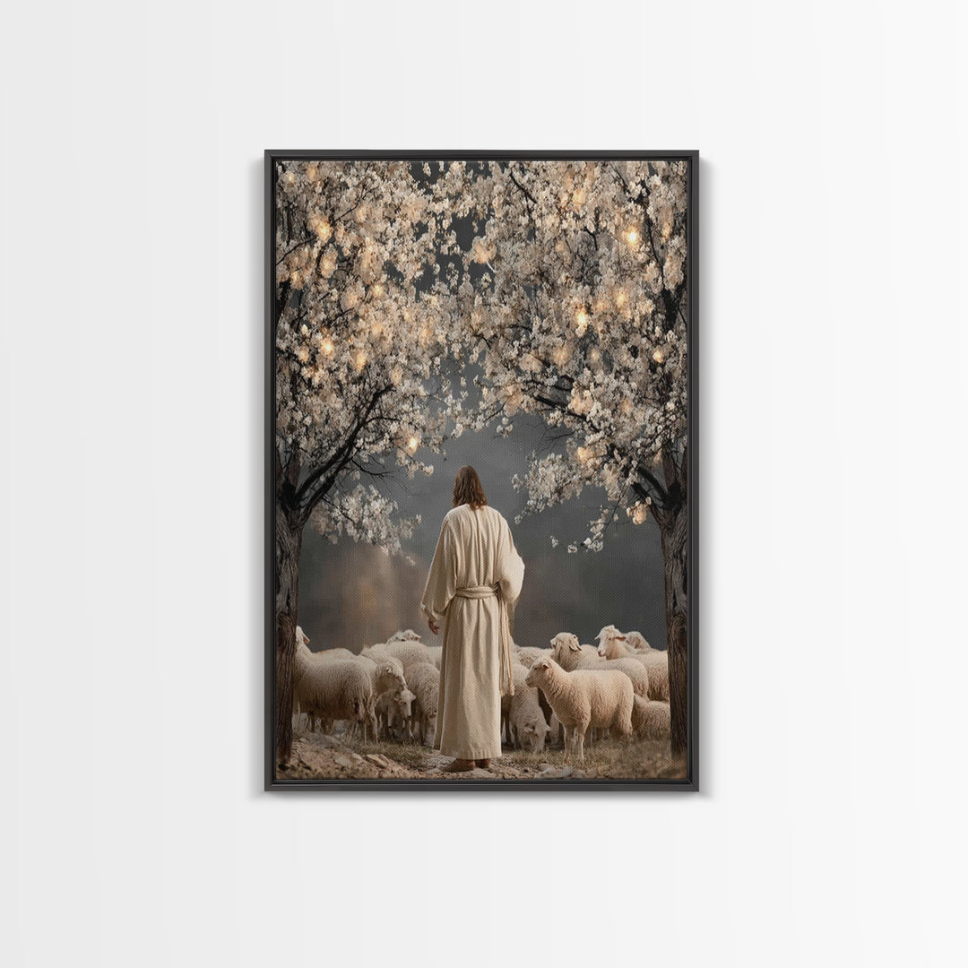 Lantern Blossom Night | Framed Canvas Print | Christian Wall Art | Jesus Painting | Christian Christmas Art | Christian Art Canvas | Moody