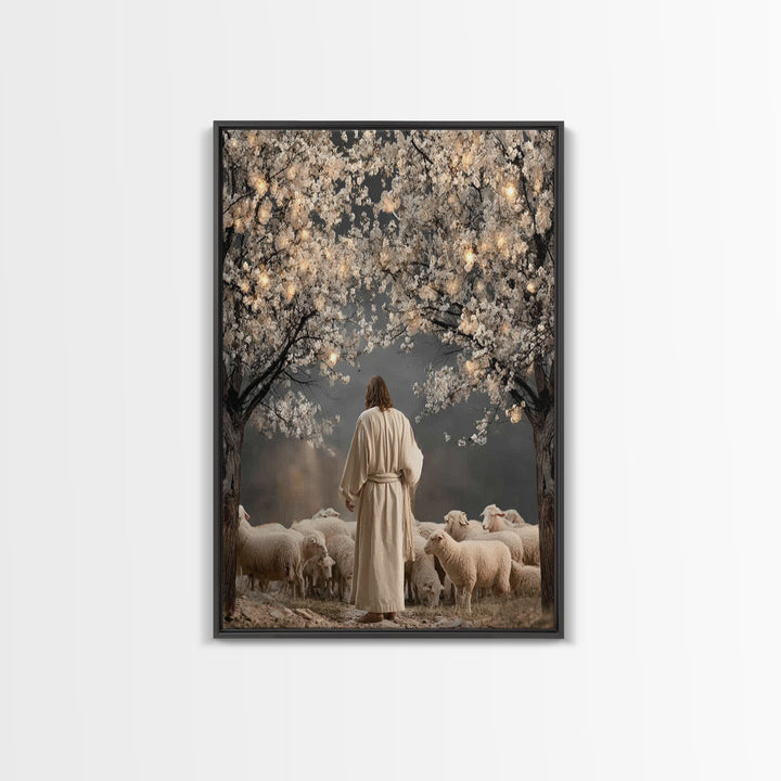 Lantern Blossom Night | Framed Canvas Print | Christian Wall Art | Jesus Painting | Christian Christmas Art | Christian Art Canvas | Moody