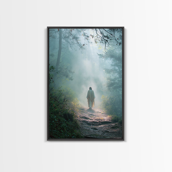 Forest Dawn Walk – Framed Canvas Print – Christian Wall Art – Christian Art Canvas – Jesus Painting – Moody Christian Art – Christian Decor