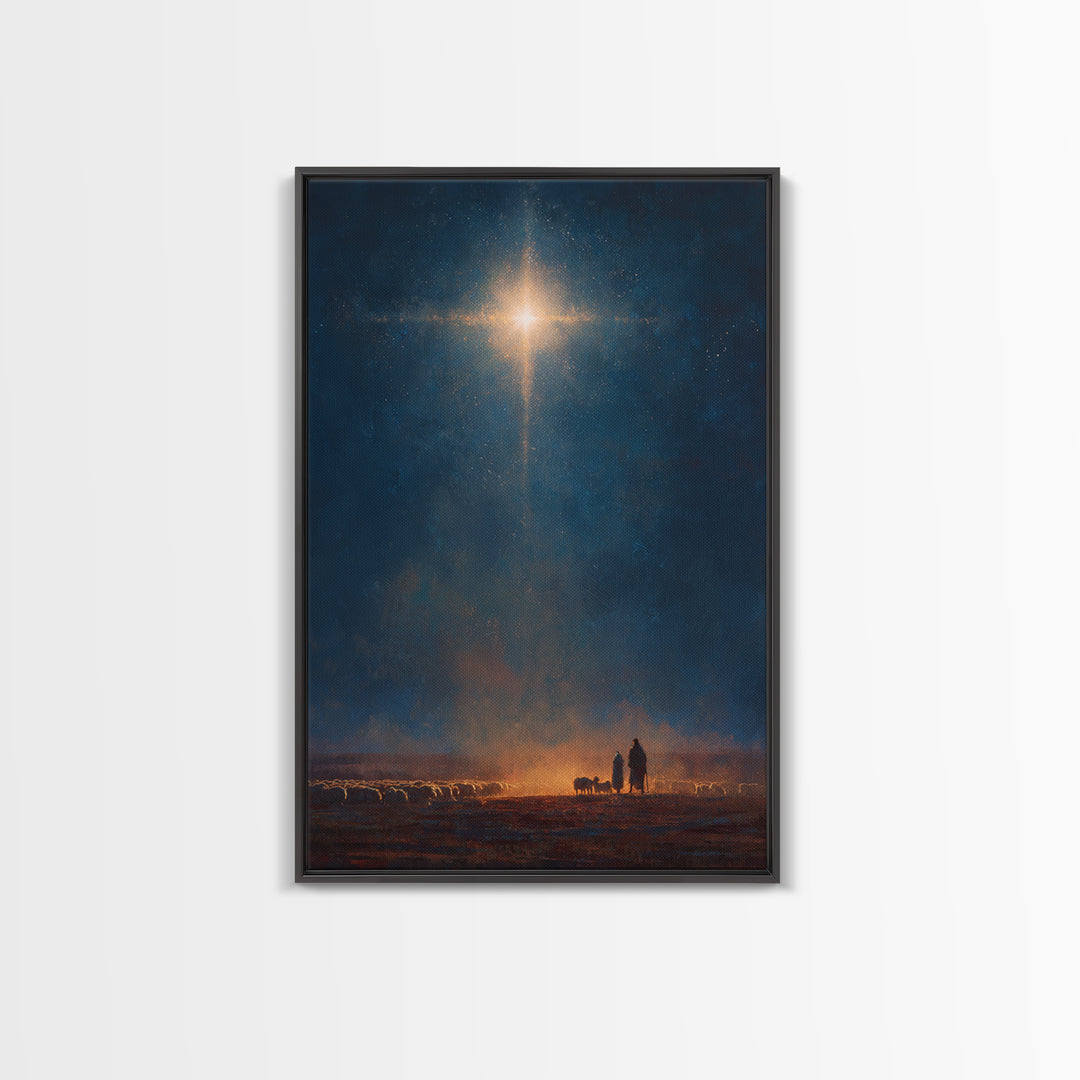 Night Of Glory – Framed Canvas Print – Christmas Wall Art – Christian Art Canvas – Moody Christmas Art – Christian Christmas Art
