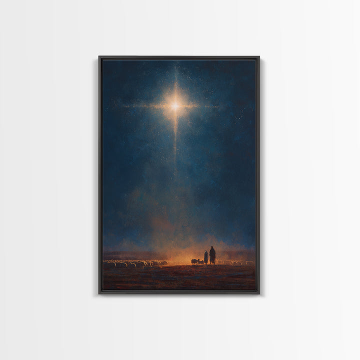 Night Of Glory – Framed Canvas Print – Christmas Wall Art – Christian Art Canvas – Moody Christmas Art – Christian Christmas Art
