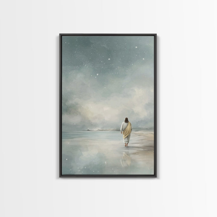 Snowy Shore Grace – Framed Canvas Print – Christian Art Canvas – Christian Wall Art – Subtle Christian Art – Jesus Painting – Christian Chr
