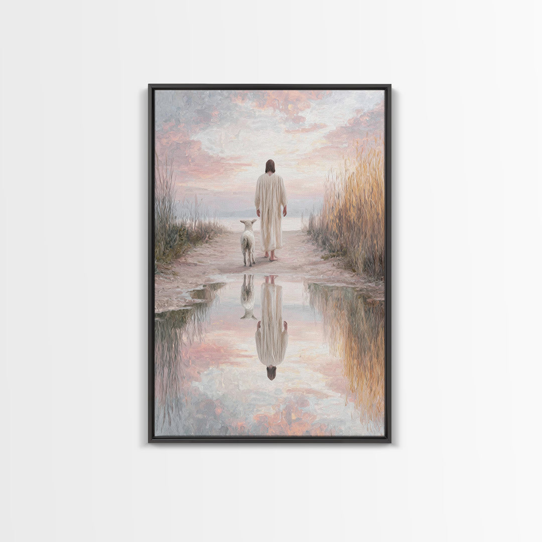 Misty Shepherd Calm, Framed Canvas Print, Christian Wall Art, Jesus Canvas Art, Minimalist Christian Art, Subtle Christian Paintings, Chris