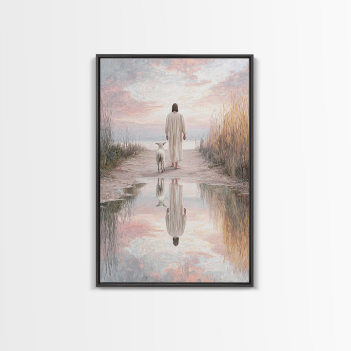 Misty Shepherd Calm, Framed Canvas Print, Christian Wall Art, Jesus Canvas Art, Minimalist Christian Art, Subtle Christian Paintings, Chris