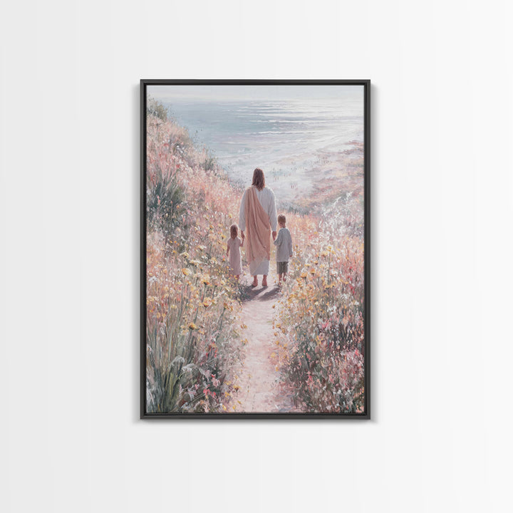 Golden Bloom Path, Framed Canvas Print, Christian Wall Art, Jesus Painting Canvas, Christian Decor, Modern Christian Painting, Christian Gi