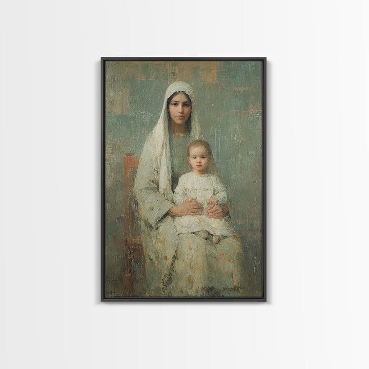 Serene Motherhood, Framed Canvas Print, Christian Wall Art, Christian Art Canvas, Mary And Jesus Painting, Subtle Christian Art, Christian