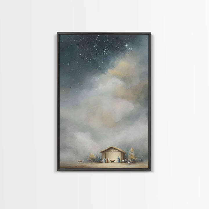 Starry Holy Night – Framed Canvas Print – Christmas Art – Christian Christmas Art – Framed Christmas Wall Art – Christian Decorations