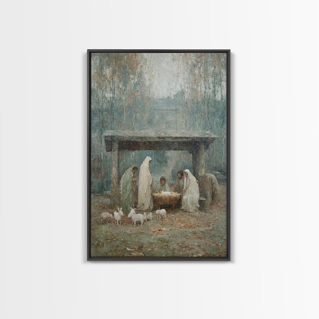 Nativity Serenity, Framed Canvas Print, Christmas Art Prints, Christian Christmas Art, Vintage Christian Art, Christian Wall Art