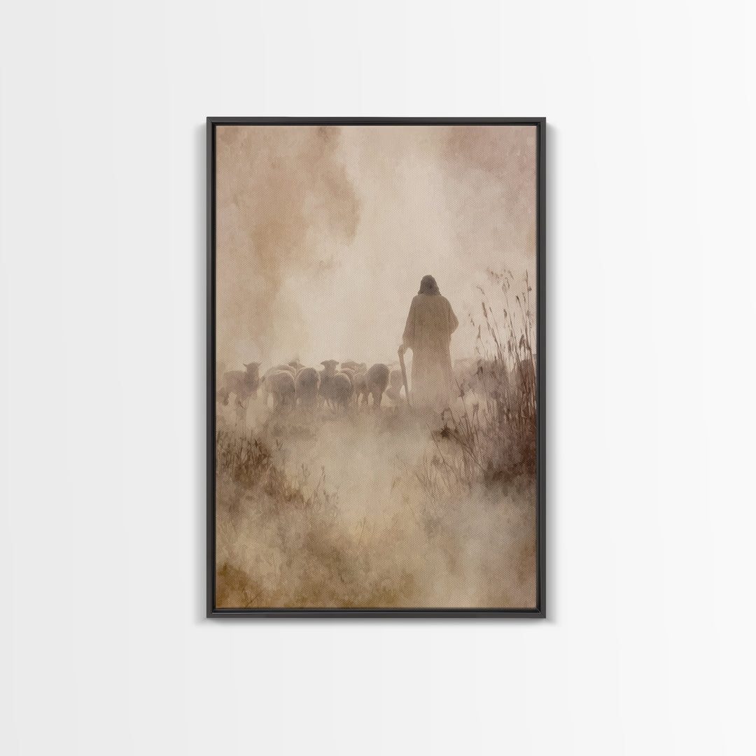 Guiding Shepherd Glow – Framed Canvas Print – Christian Art Work – Jesus Art Print – Christian Wall Art – Minimalist Christian Art