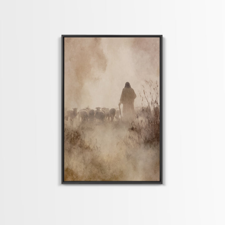 Guiding Shepherd Glow – Framed Canvas Print – Christian Art Work – Jesus Art Print – Christian Wall Art – Minimalist Christian Art